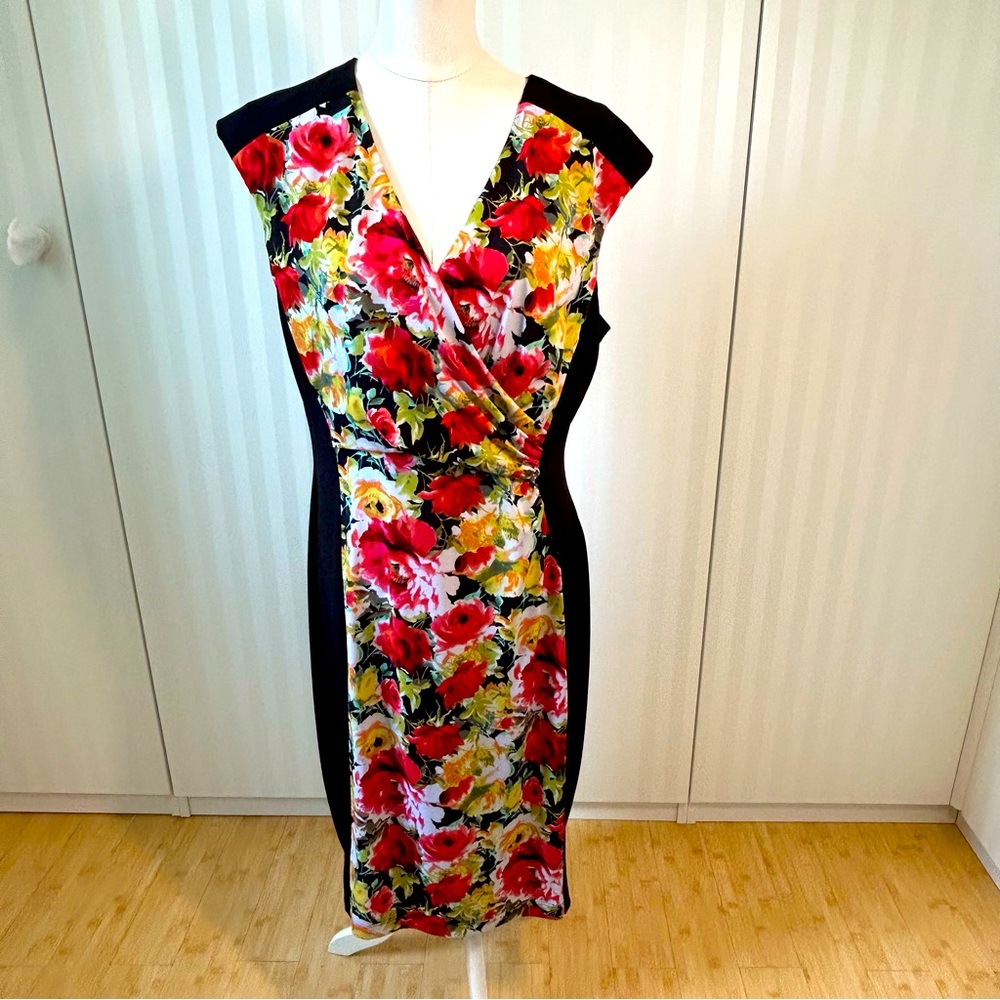 Connected Apparel red pink yellow white black floral stretchy generous dress 16